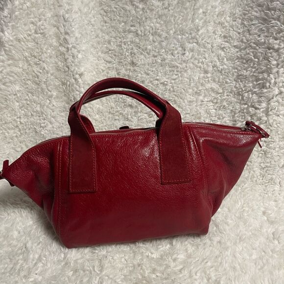 Francesco Biasia leather & suede deep Red medium Satchel gold studs accents. - Picture 9 of 16